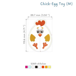 May include: A yellow chick-shaped embroidery design with orange beak, feet, and comb. The design is 4.71 inches tall and 3.50 inches wide and has 5069 stitches.