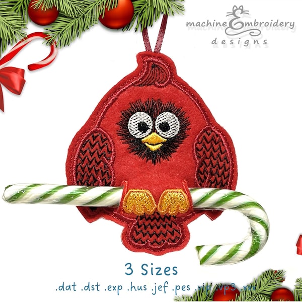 Soporte para bastones de caramelo navideños con diseño de cardenal bordado a máquina - Soporte ITH DIY - 3 tamaños