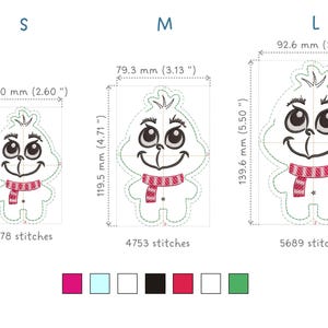 May include: Three sizes of a white snowman embroidery design with a red and white striped scarf. The design is available in small, medium, and large sizes. The measurements for each size are listed in inches and millimetres. The number of stitches for each size is also listed.