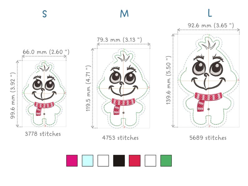 May include: Three sizes of a white snowman embroidery design with a red and white striped scarf. The design is available in small, medium, and large sizes. The measurements for each size are listed in inches and millimetres. The number of stitches for each size is also listed.