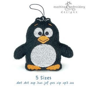 May include: Black and white penguin embroidery design with orange beak and eyes. 5 sizes available in .dat, .dst, .exp, .hus, .jef, .pes, .vip, .vp3, .xxx formats.