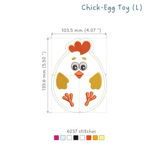 May include: Embroidered chick-shaped egg toy in white, yellow, and orange. The toy is 5.50 inches tall and 4.07 inches wide. It requires 6237 stitches to complete.