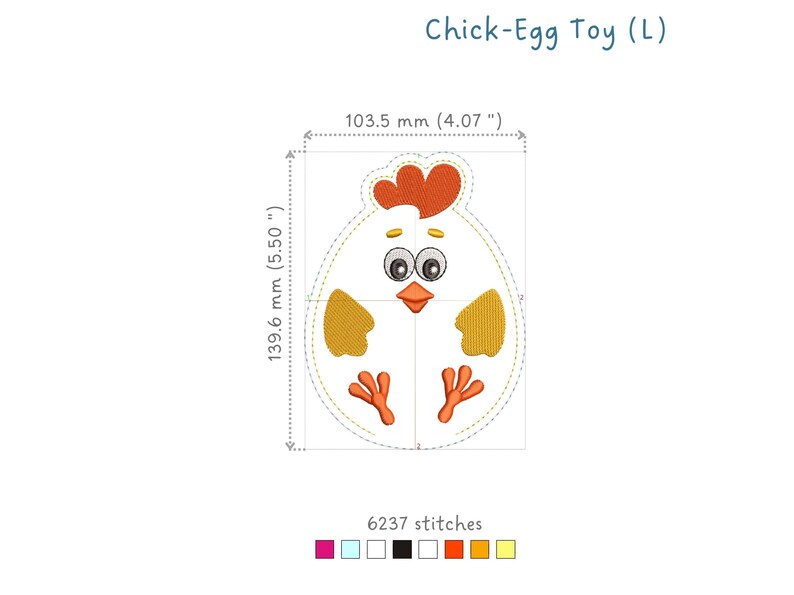 May include: Embroidered chick-shaped egg toy in white, yellow, and orange. The toy is 5.50 inches tall and 4.07 inches wide. It requires 6237 stitches to complete.