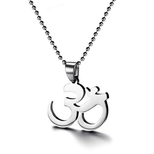 Om Necklace Large Stainless Steel Pendant 23" Ball Chain Hindu Symbol Yoga Meditation Ohm Aum Shanti Sanskrit Pranava