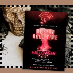 Bloody Good Time Vampire Halloween Invitation for Costume Party Digital Invitation Template Neon Red Halloween Printable Invitation Download