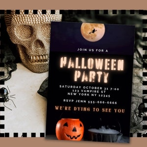 Witch Broom Pumpkin Halloween Invitation for Costume Party Digital Invitation Template Neon Orange Halloween Printable Invitation Download