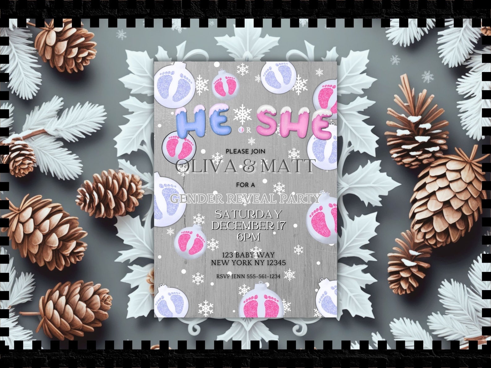 Editable Winter Christmas Gender Reveal Invitation He or She Digital ...