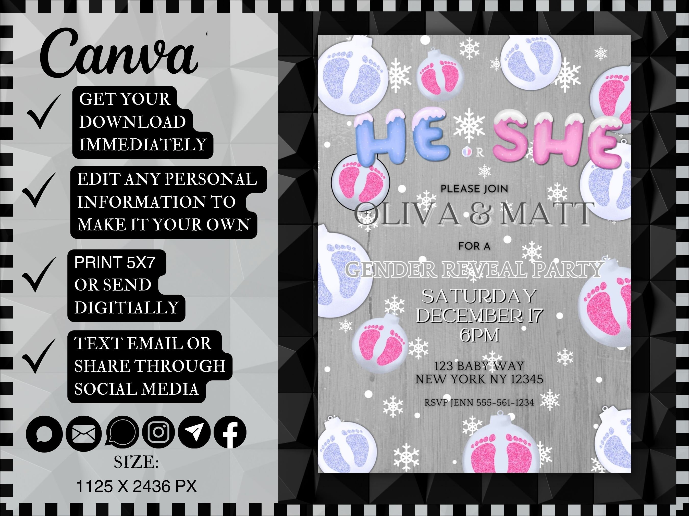 Editable Winter Christmas Gender Reveal Invitation He or She Digital ...