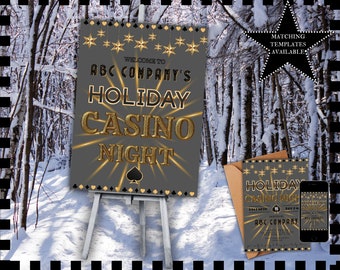 May include: A black and gold sign with the text "Welcome to ABC Company's Holiday Casino Night" on a wooden easel in a snowy forest setting. The sign is decorated with gold stars and playing card symbols.