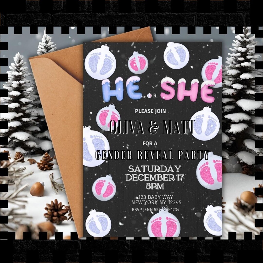 Editable Winter Christmas Gender Reveal Invitation He or She Digital ...