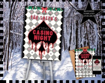 May include: A printable invitation for a holiday casino night party. The invitation features a red and black spade with the text "Holiday Casino Night" in red and white. The background is a grey and white checkered pattern. The text "Welcome to The Smith's" is at the top of the invitation.