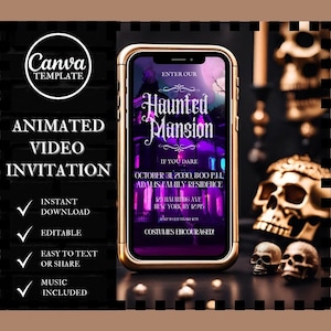 Animated Neon Haunted Mansion Halloween Video Invitation for Costume Party Halloween Digital Custom Invitations Printable Download