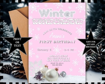 Editable Snowflake Winter Wonderland Birthday Party Invitation Template Printable Custom Instant Mobile Invite Adult Kid Girl Boy #PKWW