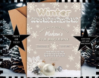 Editable Snowflake Winter Wonderland Birthday Party Invitation Template Printable Custom Download Mobile Invite Adult Kid Girl Boy #BGWW