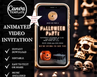 May include: A black and gold animated video invitation for a Halloween party. The invitation features a jack-o'-lantern, a witch flying on a broomstick, and the text "Join us for a Palloween Party".