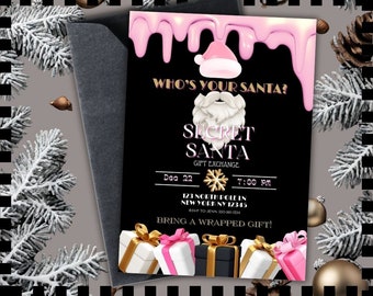 May include: A black invitation card with the text "WHO'S YOUR SANTA? SECRET SANTA GIFT EXCHANGE" and the date "Dec 22". The card features a Santa Claus beard and hat, along with wrapped gift boxes. The invitation is surrounded by decorative elements.