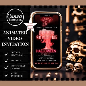 May include: Animated video invitation for a Halloween party with the text "Bloody Good Time" and a red neon mouth graphic. The invitation includes the date, time, location, and RSVP information. The background is black with a skull and bones motif.