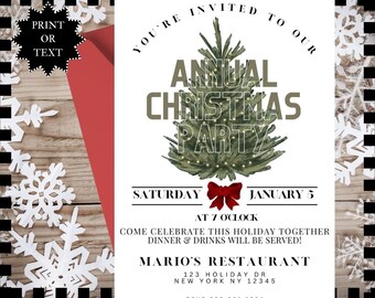 May include: A white invitation card with a green Christmas tree illustration and the text "You're invited to our Annual Christmas Party" on a white background. The invitation is for Saturday, January 5 at 7 o'clock at Mario's Restaurant, 123 Holiday Dr, New York NY 12345. RSVP 555.561.1234.