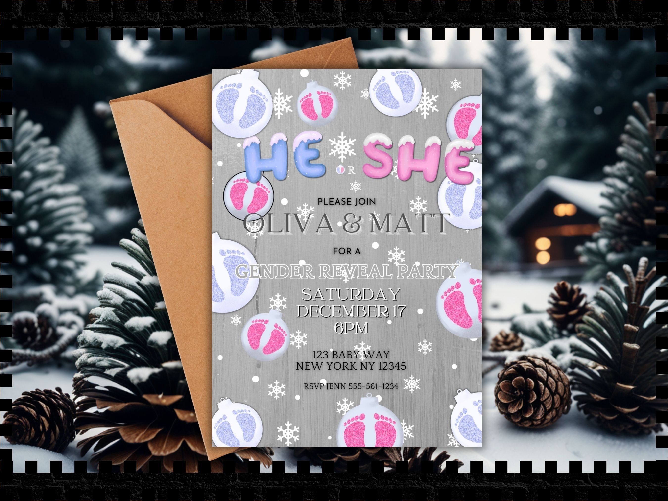 Editable Winter Christmas Gender Reveal Invitation He or She Digital ...
