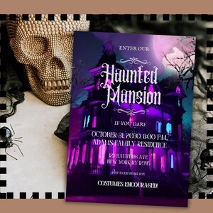 Neon Haunted Mansion Halloween Invitations for Costume Party Digital Invitation Template Halloween Printable Invitation Download
