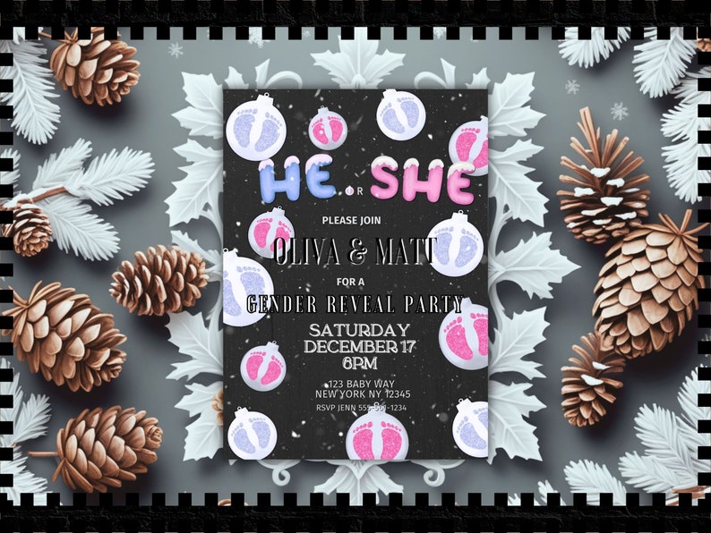 Editable Winter Christmas Gender Reveal Invitation He or She Digital ...