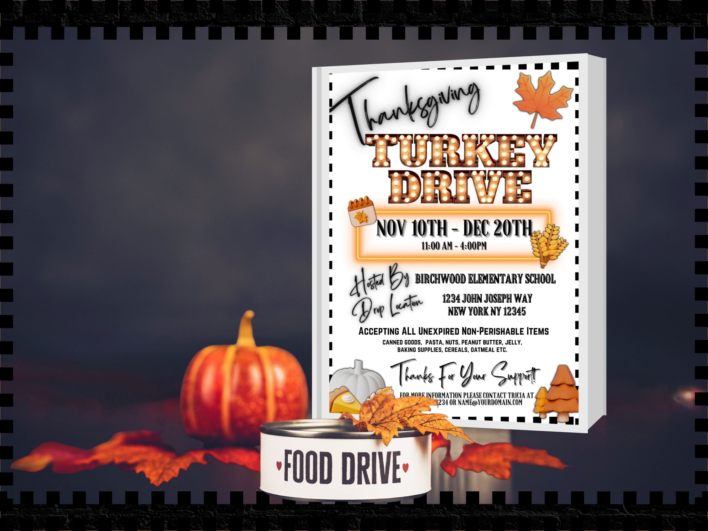 editable thanksgiving fall turkey drive flyer community hunger