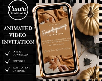 Animierte Friendsgiving Dinner Party Video Einladung Thanksgiving Dinner Invite Friends Vorlage Digital Custom Download Einladungen