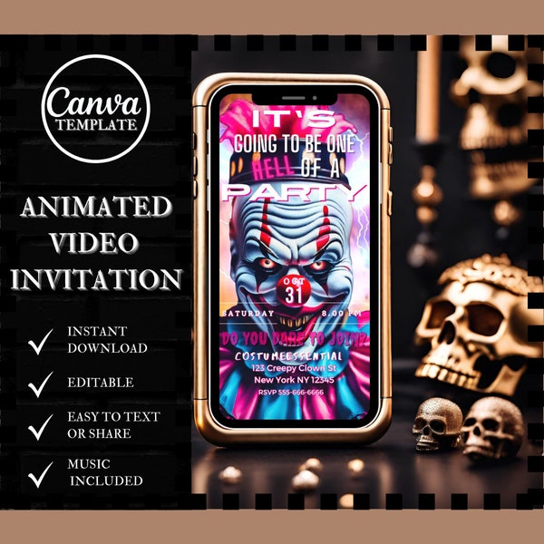 Editable Animated Neon Retro Clown One Hell Of a Party Halloween Video Invite for Costume Halloween Party Custom Invitations Text Invitation