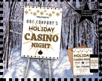 May include: A white sign with gold lettering that reads "Welcome to ABC Company's Holiday Casino Night". The sign is on an easel in a snowy forest setting. There is a matching invitation card and a mobile phone mockup with the same design.