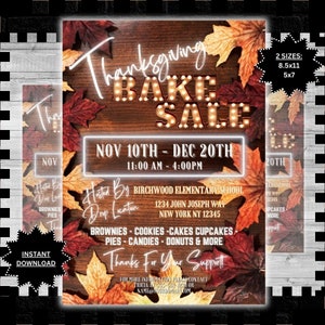 Editable Thanksgiving Fall Bake Sale Flyer Custom Fall Bake Sale Fundraiser Charity Event Invite Printable Template Instant Download #3DFY