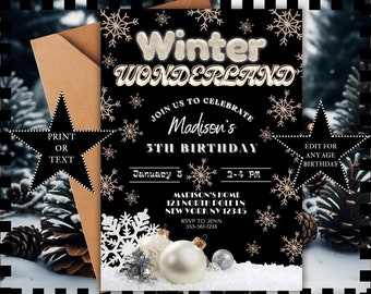 Editable Snowflake Winter Wonderland Birthday Party Invitation Template Printable Custom Download Mobile Invite Adult Kid Girl Boy #BLKWW