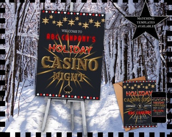 May include: A black and gold sign with the text "Welcome to ABC Company's Holiday Casino Night" in a snowy woodland setting. The sign is on an easel and there is a matching invitation and phone screen mockup in the foreground.