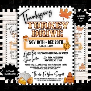 Editable Thanksgiving Fall Turkey Drive Flyer Community Hunger Drive Donation Food Drive Sign Printable Template Instant Download #3DFY