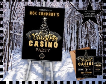 May include: A black and gold Christmas Casino party invitation with a Christmas tree and playing cards. The invitation says "Welcome to ABC Company's Christmas Casino Party".