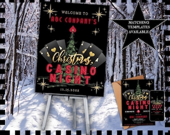 May include: A black and gold printable sign with a red Christmas tree and playing cards. The sign says "Welcome to ABC Company's Christmas Casino Night 12.15.20XX".