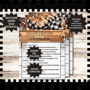 Puede incluir: Juego de Thanksgiving Fowl Play con un fondo a cuadros blanco y negro. El juego es un juego de verdad o mentira con preguntas sobre pavos. La clave de respuestas está incluida.