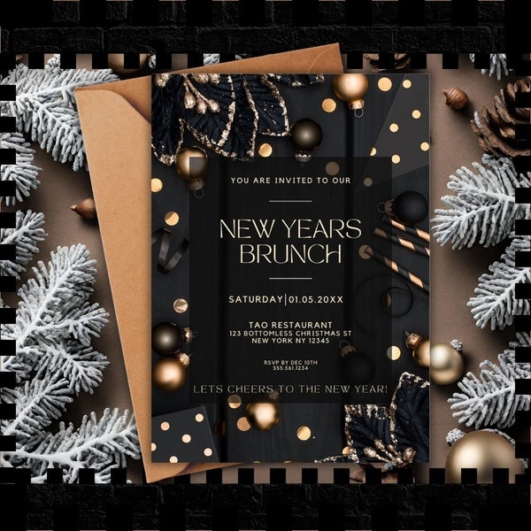 New Years Brunch Party Invitation Black Gold Holiday Brunch Invite for Friends and Family Printable Digital Text Message Instant Download