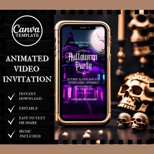 Animated Neon Haunted Mansion Halloween Video Invitation for Costume Party Halloween Digital Custom Invitations Printable Download