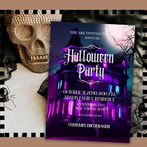 Neon Halloween Haunted Mansion Einladung für Kostüm Party Digitale Einladung Vorlage Halloween Einladungen Druckbare Einladung Download