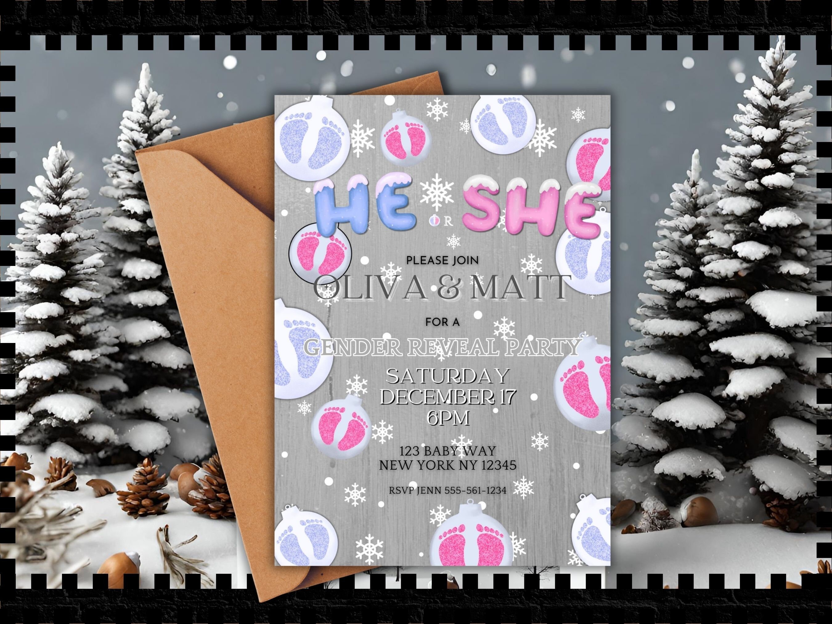 Editable Winter Christmas Gender Reveal Invitation He or She Digital ...