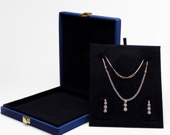 Joyero de cuero azul para collar y pendientes, elegante joyero para mujer, caja de regalo de joyería grande para boda, cumpleaños, aniversario