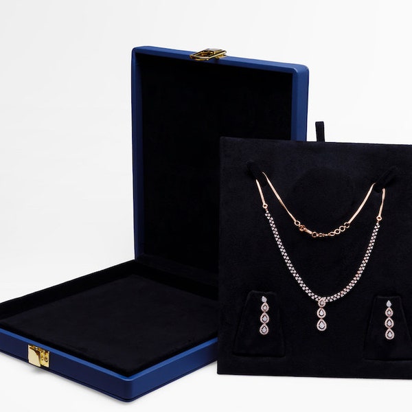 Leder Blau Schmuckschatulle für Halskette Ohrring Set, Elegante Schmuckschatulle für Frauen, Große Schmuck Geschenkbox für Hochzeit, Geburtstag, Jubiläum