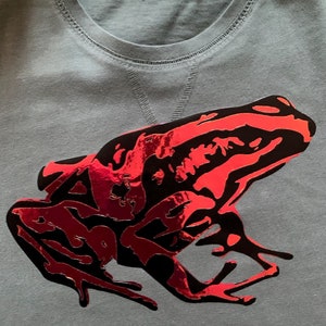 Puede incluir: Sudadera de cuello redondo color verde azulado con un gran gráfico de una rana roja y negra. La sudadera tiene un cuello acanalado y la marca "/ sfera" es visible en la etiqueta.
