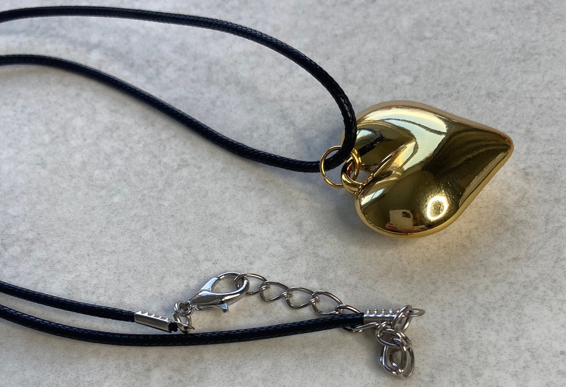 Gold Heart Necklace Gold Puffed Heart and Black Cord Y2K