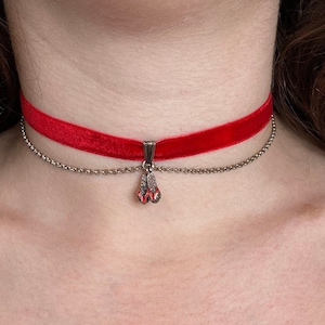 Pendant and velvet choker red choker with pendant, period piece, red shoes, vintage necklace, red pendant necklace, chain and pendant