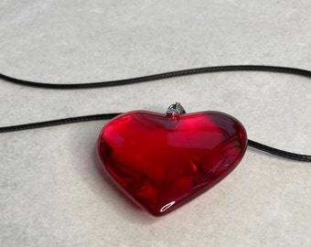 Large Red Heart pendant Necklace oversized heart pendant and black cord Y2K Grunge statement piece XL  pendant ruby red heart Murano effect