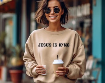 Jesús es sudadera rey, sudadera cristiana estética, sudadera de Jesús, camisa de Jesús es rey, cuello redondo de Jesús, ropa de Jesús
