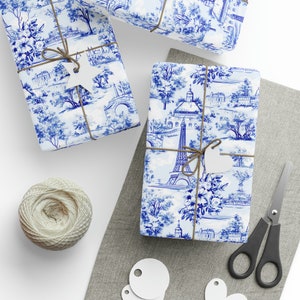 The Emily French Parisian Toile Printed Western Wrapping Paper in Blue and White