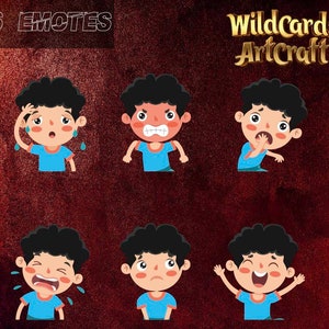 May include: Six cartoon illustrations of a boy with different facial expressions. The boy has brown hair and is wearing a blue shirt. The expressions include: sweating, angry, scared, crying, sad, and happy.