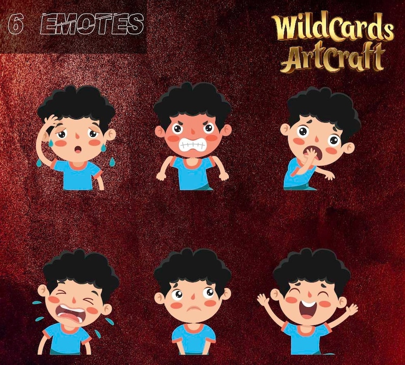 May include: Six cartoon illustrations of a boy with different facial expressions. The boy has brown hair and is wearing a blue shirt. The expressions include: sweating, angry, scared, crying, sad, and happy.